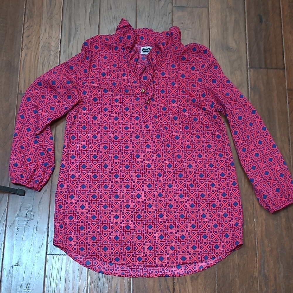 Mud Pie Red & Blue Patterned Tunic Shirt Dress with Ruffle Neckline size Large